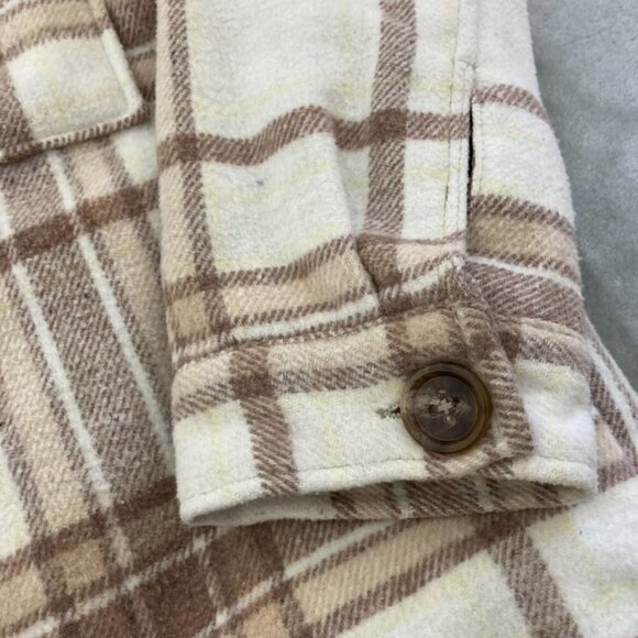 Hurley Cream & Brown Plaid Flannel Shacket Jacket Fall Neutral Pocket Size Small - Picture 5 of 12
